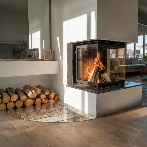 Base de vidro semi-oval para lareira Prancha de madeira no layout