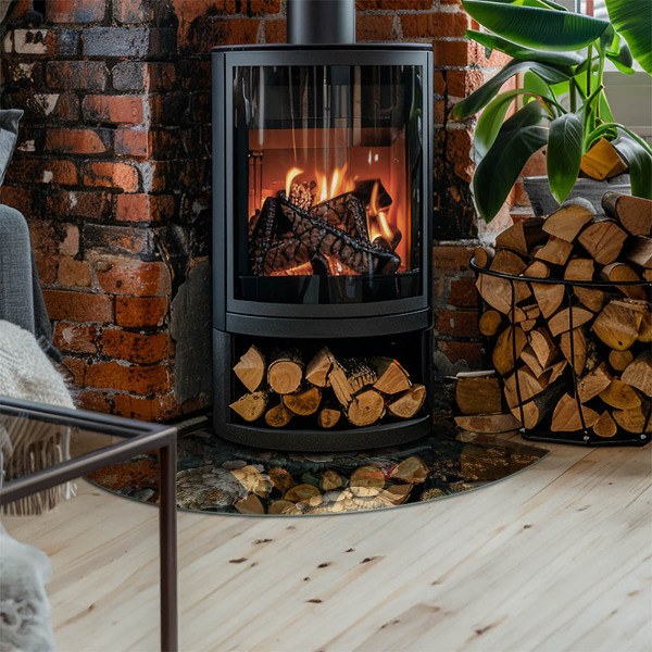 Base de vidro semi-oval para lareira Estampa floral com borboletas