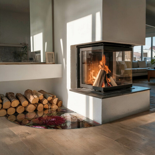 Base de vidro semi-oval para lareira Buquê de flores em detalhe