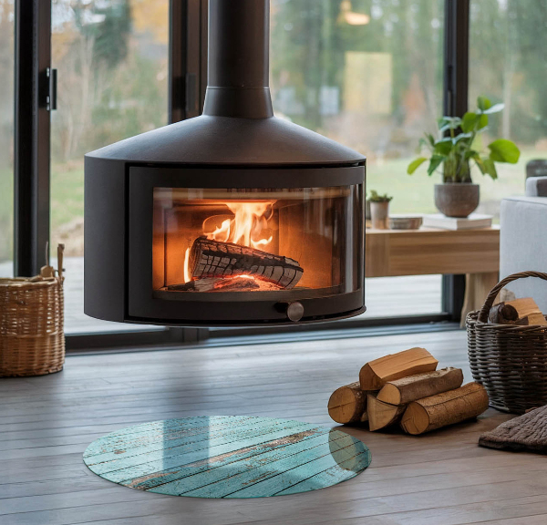 Base de vidro em quarto de círculo para lareira Tábuas em estilo rústico