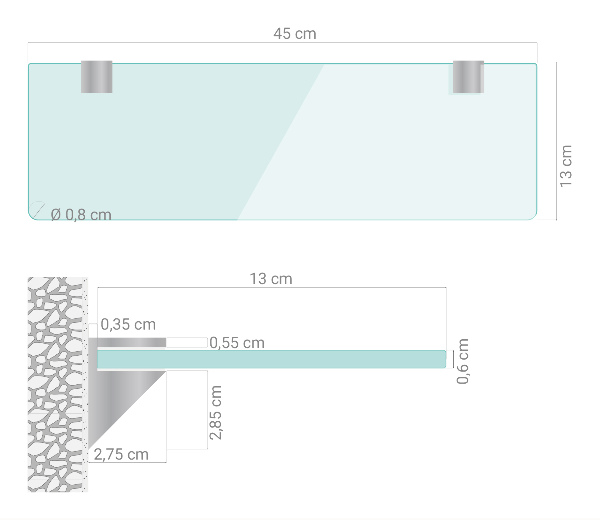 Estante de vidro temperado retangular 45x13 cm