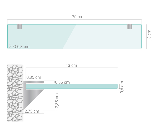 Prateleira de vidro sob espelho 70x13 cm