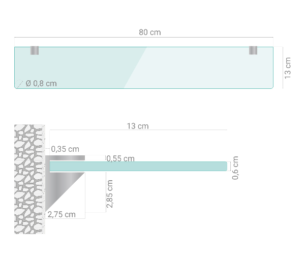 Estante em vidro de parede 80x13 cm