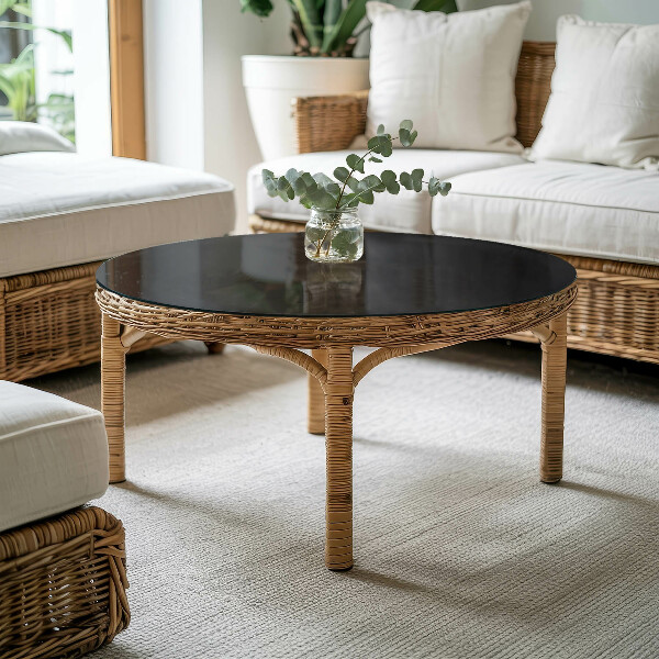 Tampo de vidro redondo com impressão Preto liso em estilo