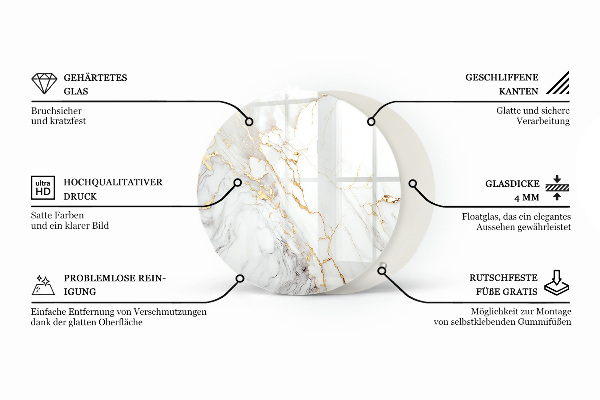 Tampo de vidro redondo com impressão Motivo com estrutura em mármore
