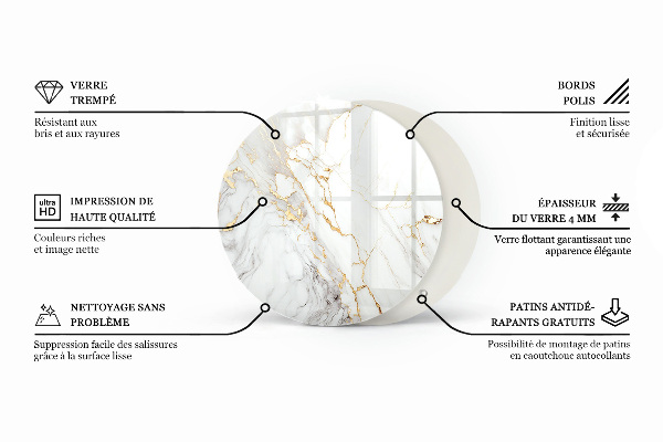 Tampo de vidro redondo com impressão Motivo com estrutura em mármore