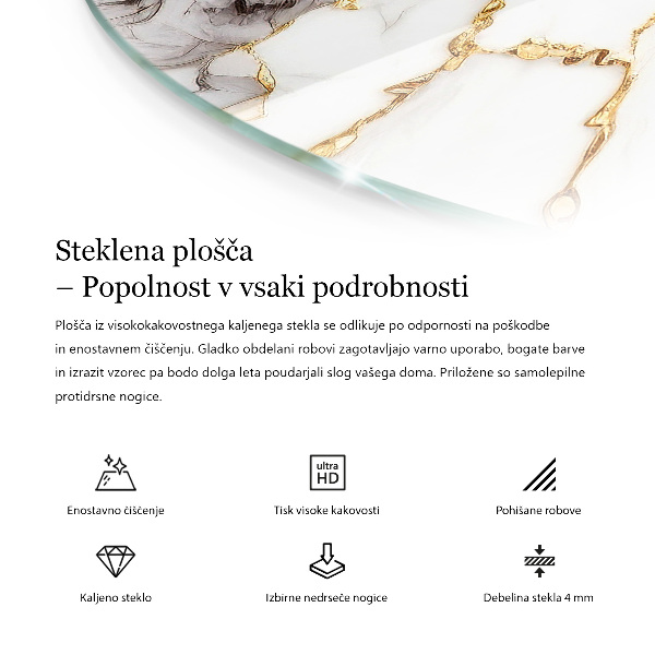 Tampo de vidro redondo com impressão Motivo com estrutura em mármore